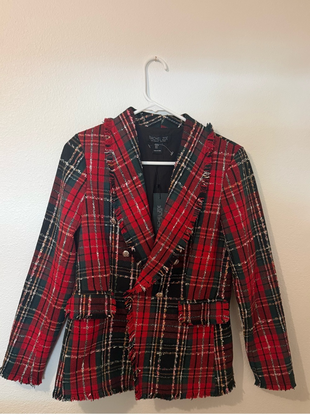 Rachel Zoe Red and Green Plaid Fringed Jacket